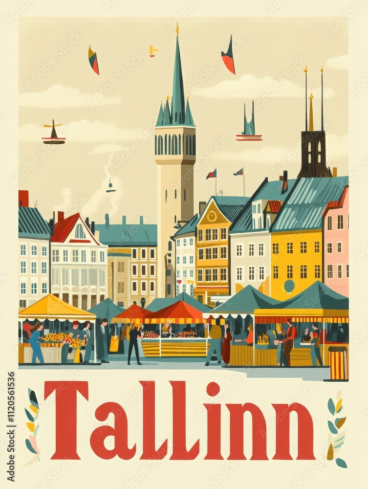 Colorful market stalls fill the foreground while charming buildings and a tall spire create a picturesque backdrop in Tallinn. People enjoy the lively atmosphere in this beautiful setting.