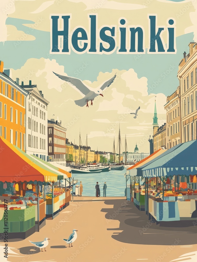 Colorful market stalls line the waterfront in Helsinki, attracting visitors and locals. The lively atmosphere features a blend of fresh produce and traditional goods against a beautiful background.