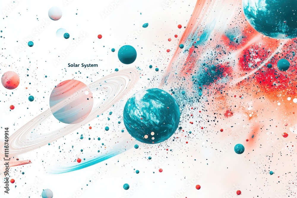 Colorful planets and cosmic dust illustrate the solar systems vastness, blending hues of blue, red, and white. This artistic representation captures the beauty of outer space and celestial bodies.