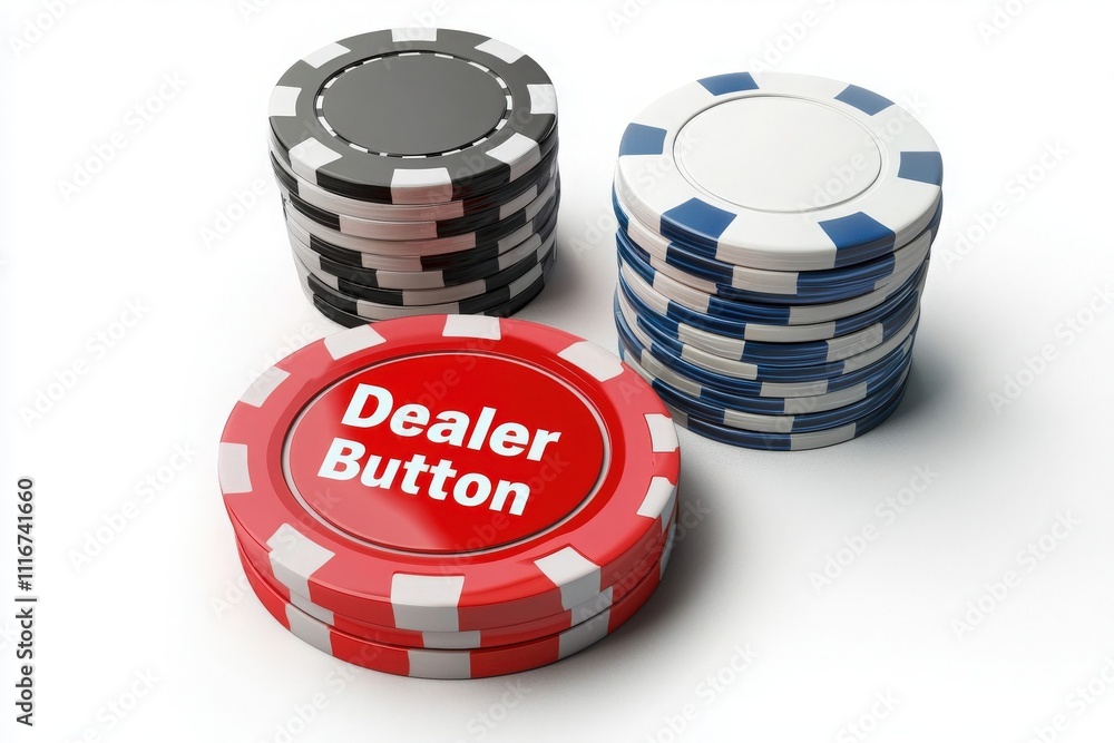 Colorful poker chips and a prominent dealer button are arranged on a gaming table. The setting suggests an inviting atmosphere for playing cards with friends.