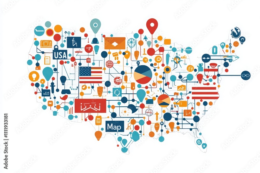 Colorful representation of the United States featuring diverse icons, symbols, and landmarks. Each element represents aspects of American culture, geography, and communication.