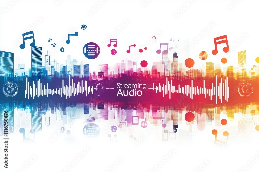 Colorful sound waves and musical notes overlay a city skyline, illustrating the concept of streaming audio in a modern urban environment during the day.