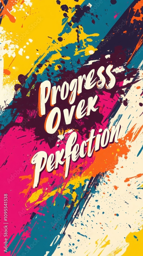 Colorful splashes of paint blend together to convey a powerful message about prioritizing progress over perfection. The lively hues reflect creativity and inspiration for personal growth.