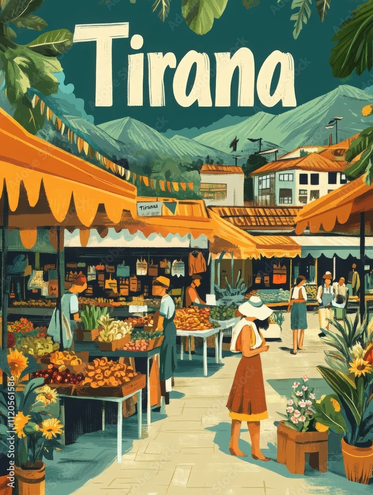 Colorful stalls filled with fresh fruits and flowers create a lively marketplace in Tirana. Shoppers browse while enjoying the scenic backdrop of mountains.