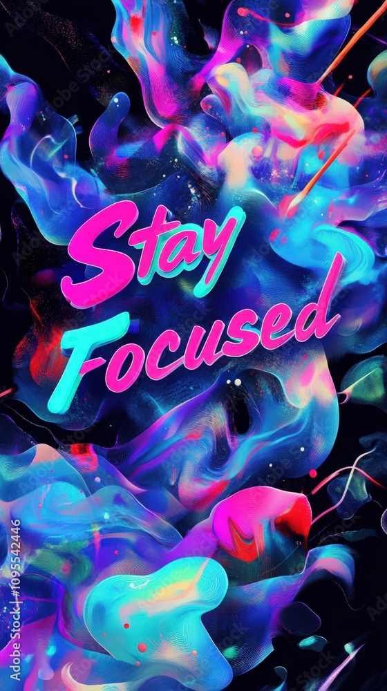 Colorful swirling patterns create a dynamic abstract background that emphasizes the motivational phrase Stay Focused in bold letters. The vivid hues blend beautifully, inspiring creativity.