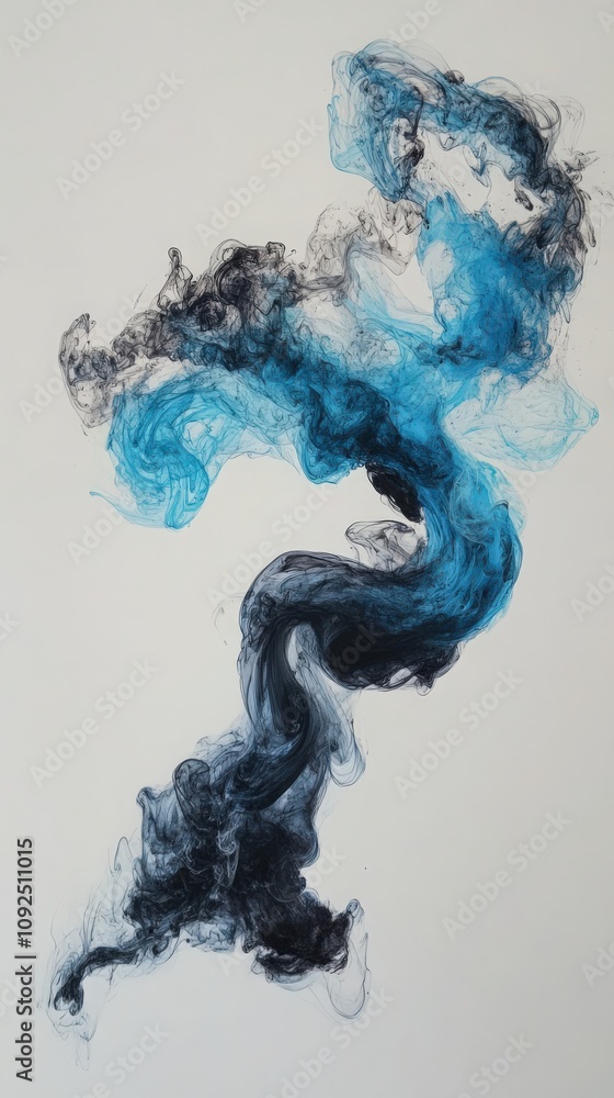 Colorful swirls of blue and black ink merge on a white surface, forming a mesmerizing abstract pattern. The fluid motion captivates with dynamic shapes and vibrant contrasts.