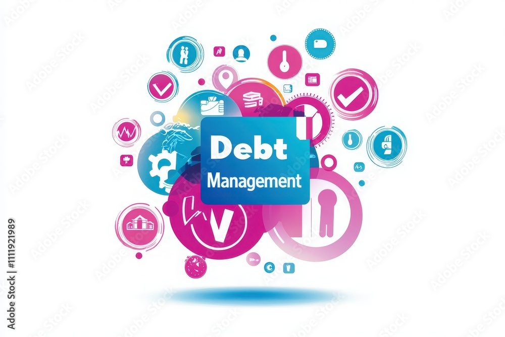 Colorful visual elements represent various aspects of debt management. Icons symbolize finance, planning, and strategies for effective money management and financial wellness.