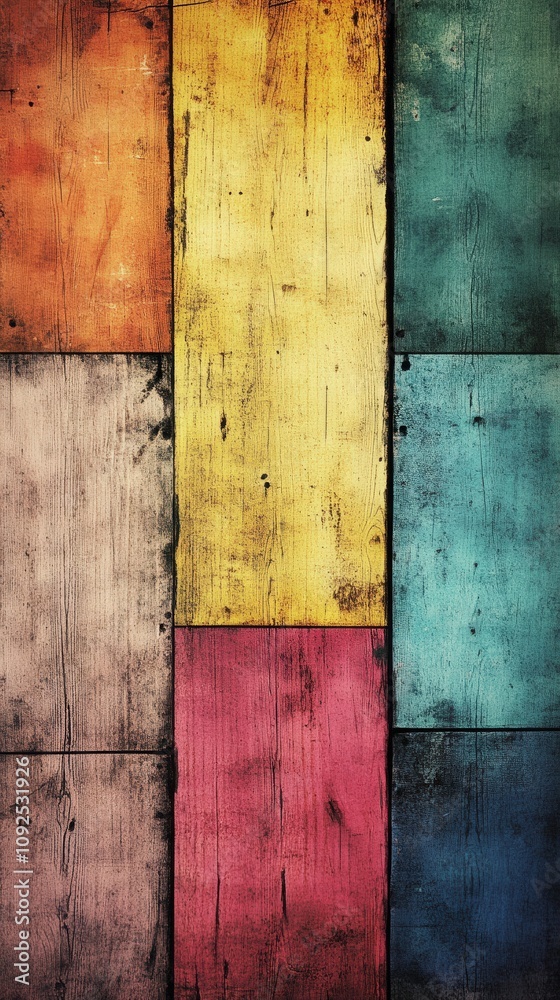 Colorful wooden planks are arranged in a modern art style, showcasing vibrant hues of orange, yellow, pink, and blue against a textured background, creating a visually appealing mosaic.