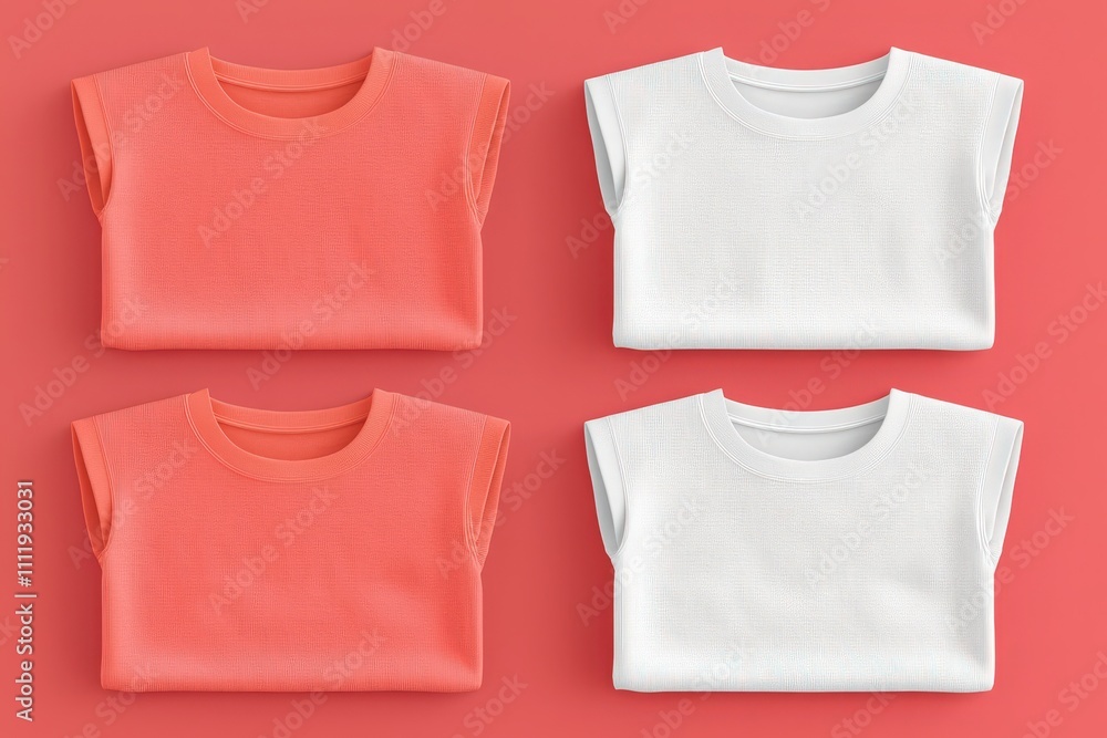 Coral and white t-shirts are neatly folded and displayed on a bright red background. The simple arrangement showcases the colors and fabric texture of the shirts.