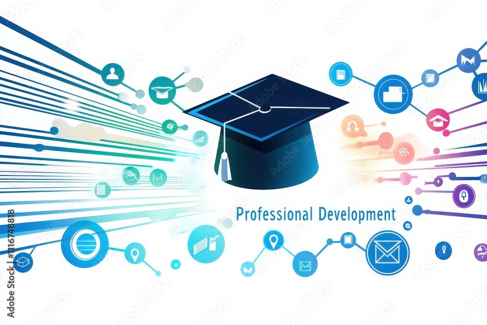 Creative representation of professional development featuring a graduation cap at the center, surrounded by digital icons that symbolize learning, growth, and connectivity in education.