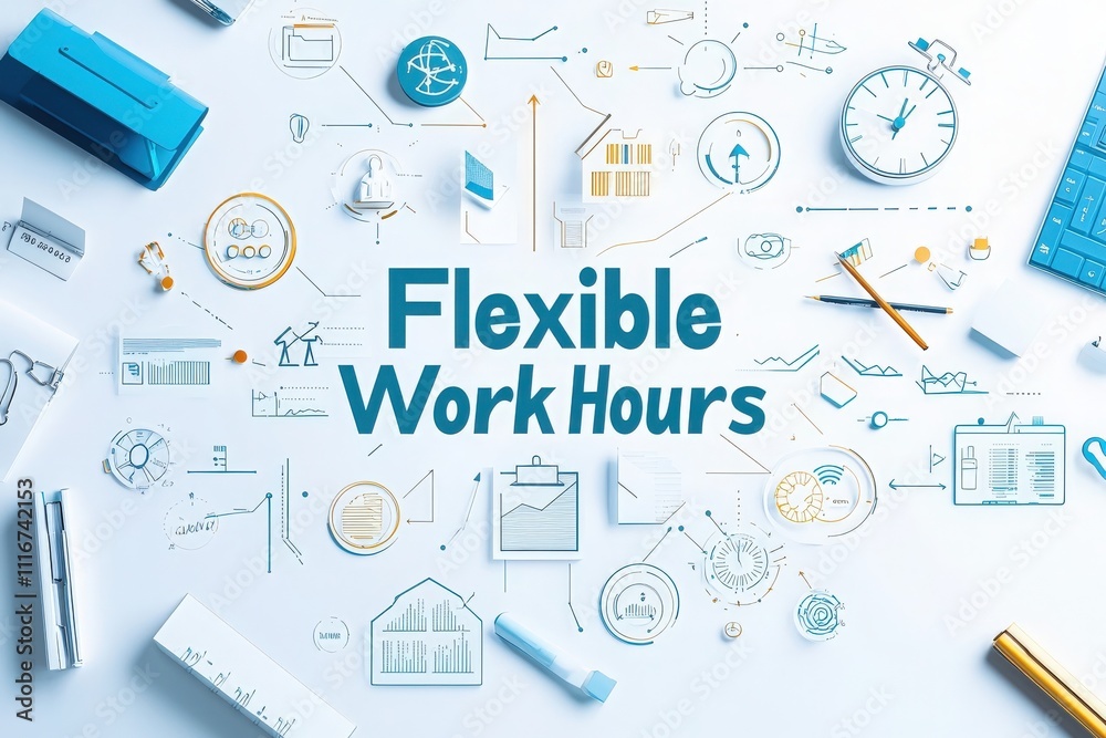 Creative workspace layout showcasing tools and symbols related to flexible work hours. The arrangement emphasizes productivity and modern working environments.