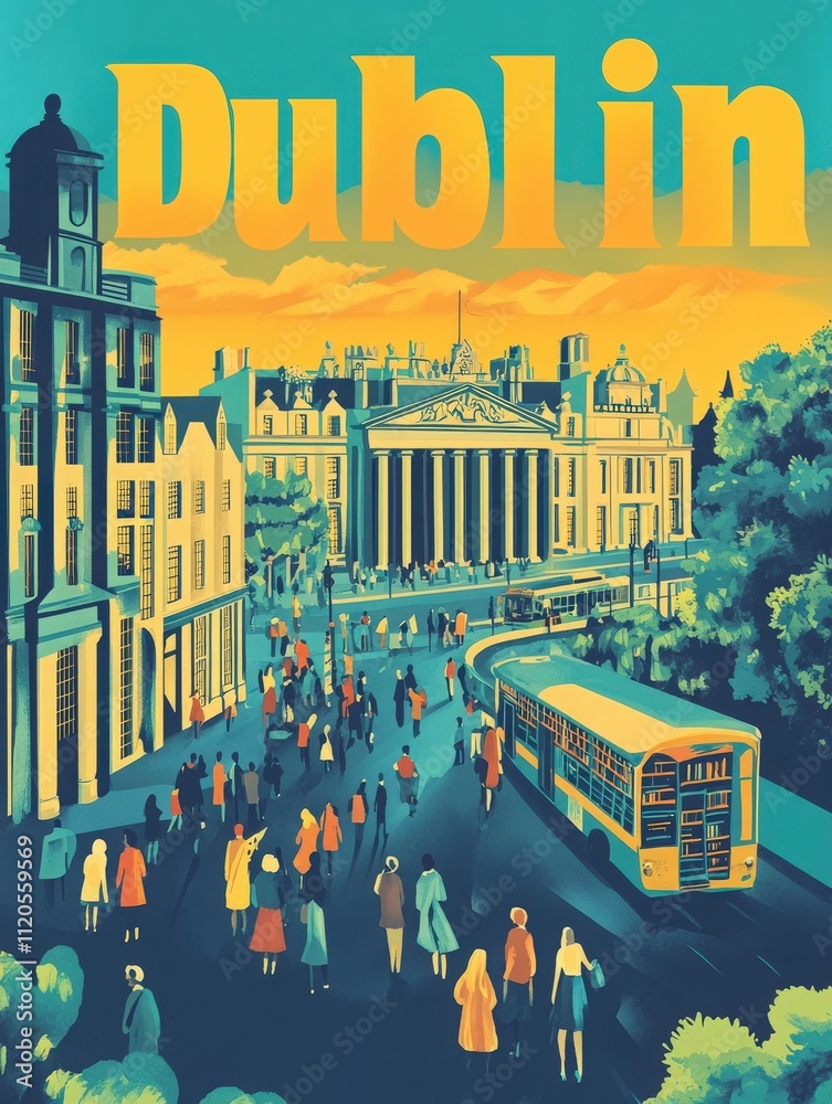 Crowds fill the streets of Dublin as a tram travels through. Colorful buildings and historic architecture create a lively atmosphere during golden hour, showcasing the citys charm.