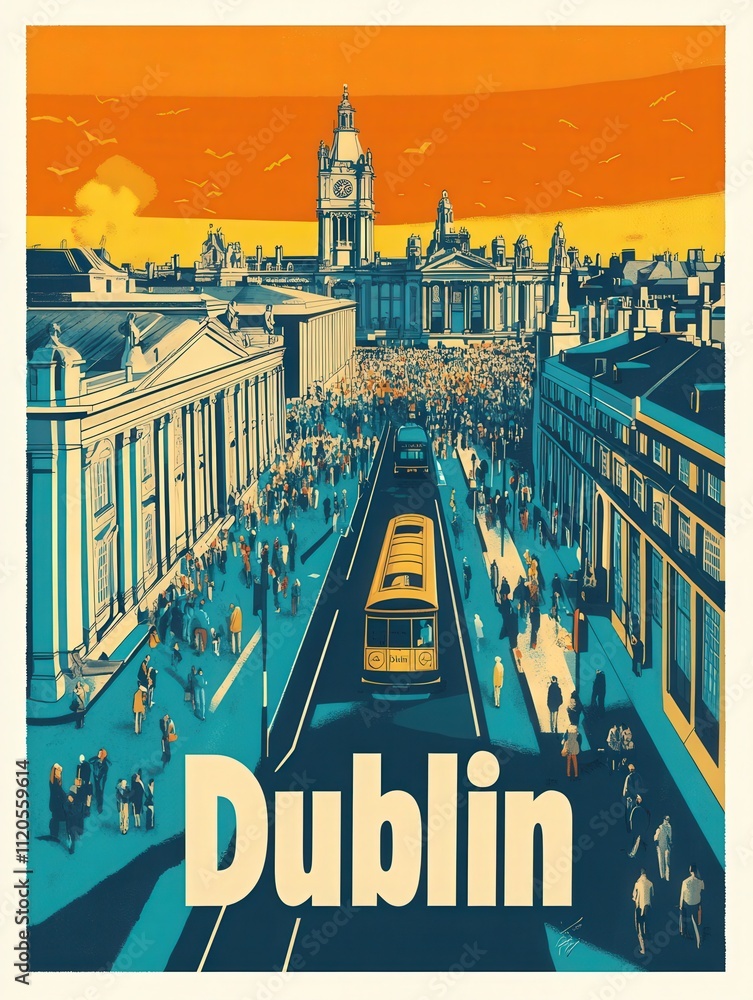 Crowds gather on a lively Dublin street as a tram passes by, framed by historic buildings under a bright sky. The atmosphere is festive, showcasing the citys dynamic spirit.