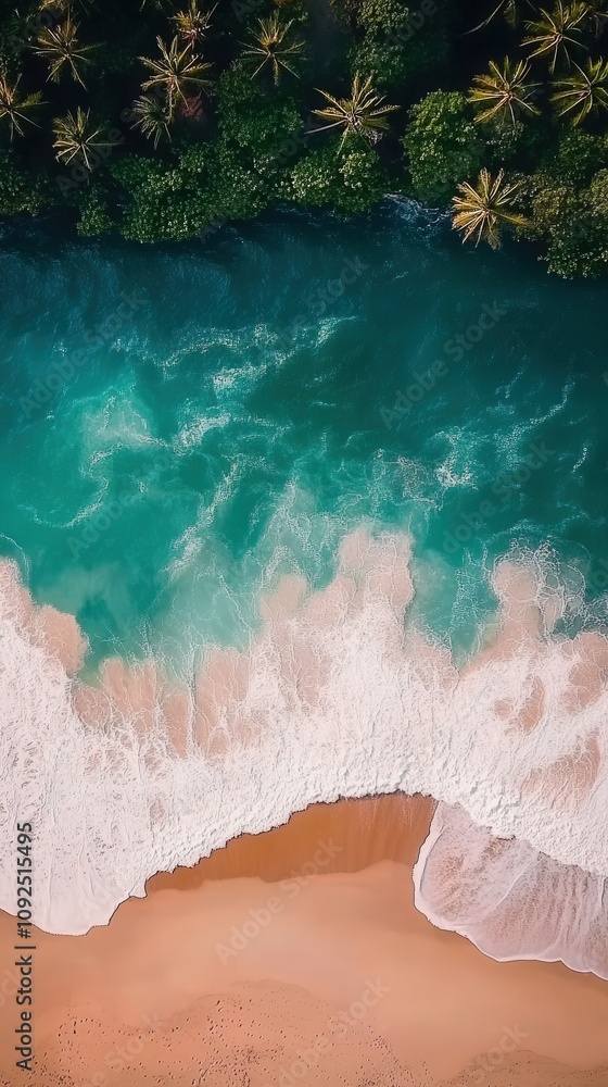 Crystal-clear waters meet soft sand as waves roll onto the shore. Lush greenery frames the beach, creating a serene tropical environment ideal for relaxation and exploration.