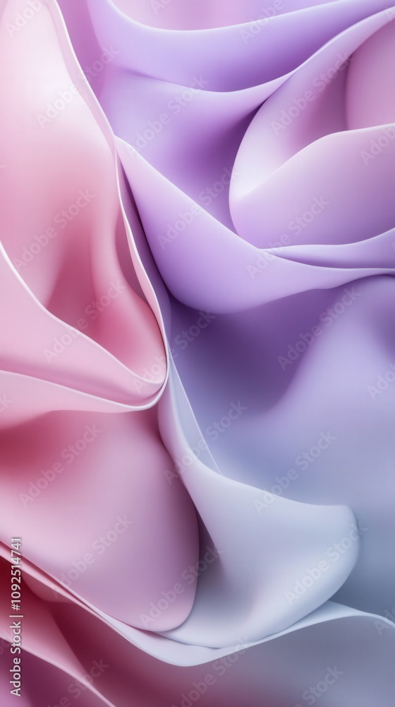 Curved layers of delicate fabric harmoniously flow in soft pink and lavender hues. The smooth texture creates a calming and elegant atmosphere that showcases color blending.