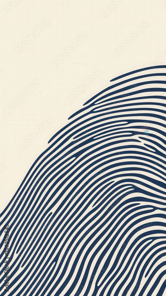 Curving lines create a visually striking representation of ocean waves against a soft beige background. The design emphasizes flow and movement, evoking a sense of calm.