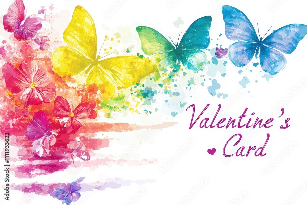Delicate butterflies in various colors float above a splash of floral patterns, creating a cheerful and romantic atmosphere perfect for celebrating love on Valentines Day.