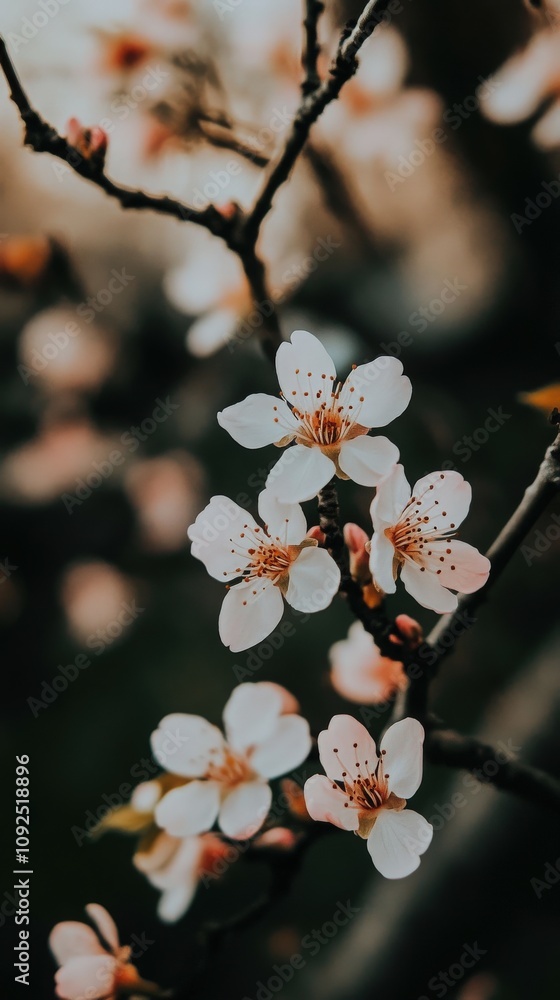 Delicate cherry blossoms bloom on branches, showcasing soft white petals with hints of pink. The scene captures the beauty of spring, evoking a sense of renewal and tranquility.