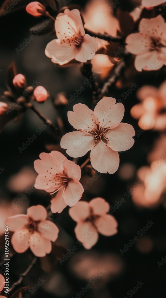 Delicate cherry blossoms open up in a peaceful garden, showcasing soft pink petals against a dark backdrop. The floral display signifies the arrival of spring and natures beauty.