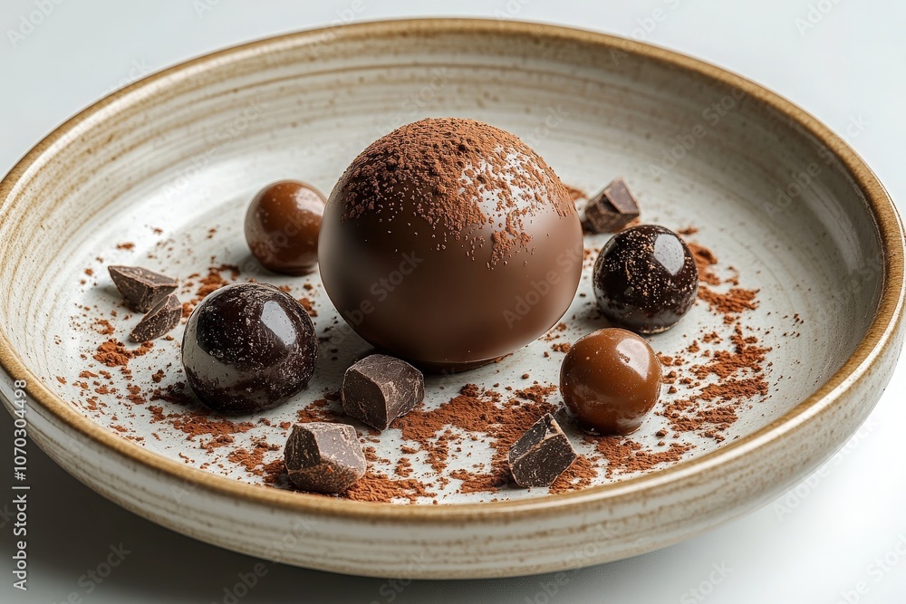Delicate gourmet chocolates are carefully arranged on a neutral ceramic plate, enhanced by a dusting of cocoa powder, showcasing varying textures and shapes in an appealing manner.