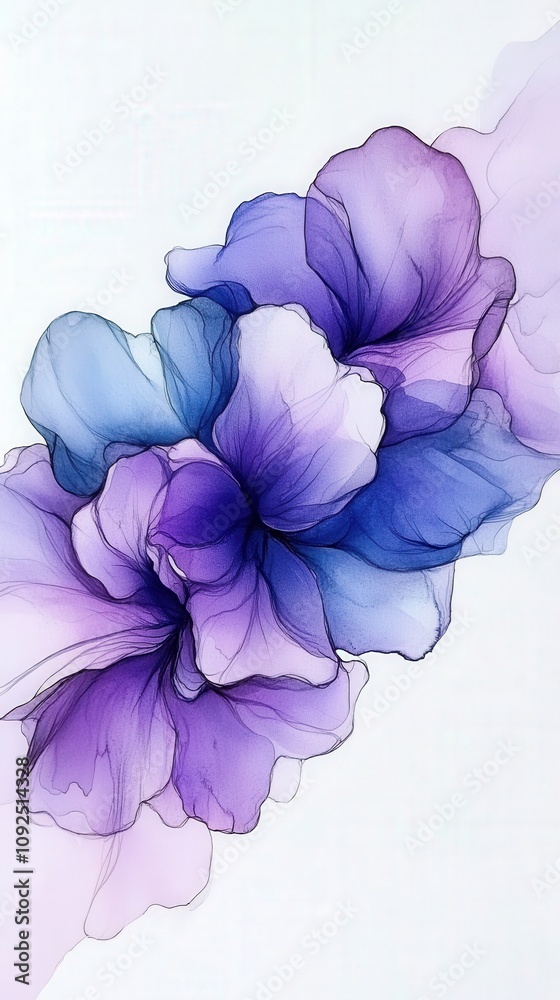 Delicate petals in shades of purple and blue overlap, creating a soft and fluid floral design. This artwork captures the beauty of nature through vibrant colors and gentle shapes.