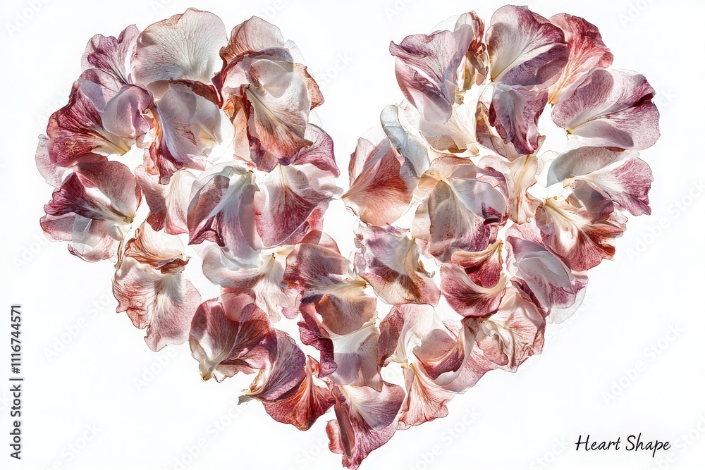 Delicate pink and white flower petals are artistically arranged to form a heart shape, showcasing their soft textures and colors. This beautiful display symbolizes love and affection.