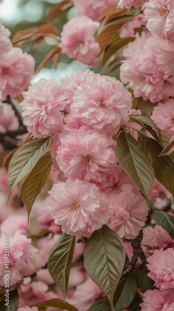 Delicate pink cherry blossoms fill the branches of a tree in a tranquil garden during spring. Their vibrant colors contrast with lush green leaves, enhancing the peaceful scenery.