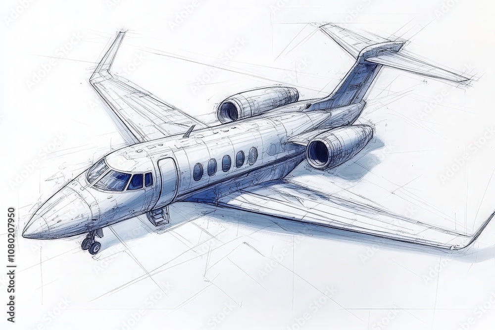 Detailed technical sketch illustrating a sleek private jet, highlighting its aerodynamic features, dimensions, and design elements intended for luxury travel, offering comfort and efficiency.