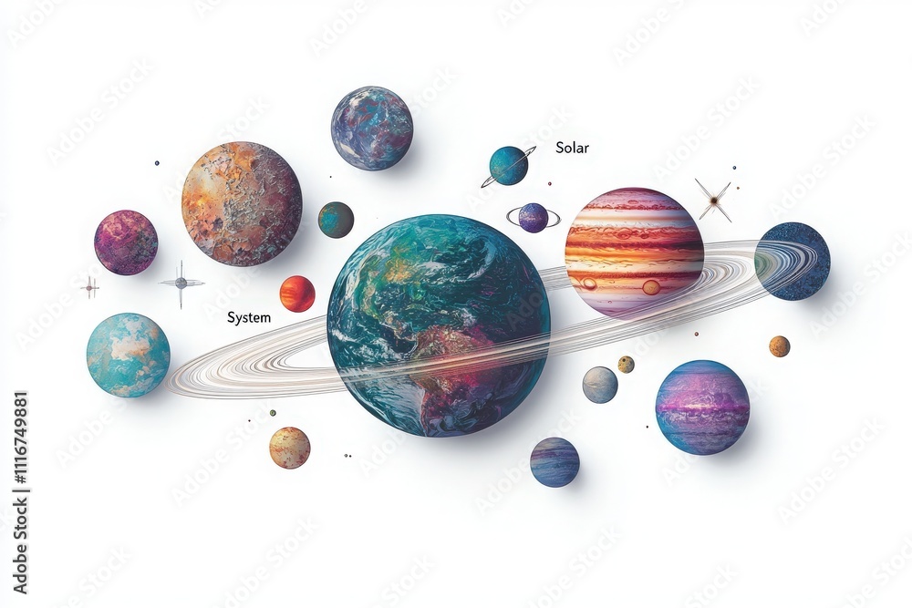 Different planets of the solar system are artistically rendered, showcasing vibrant colors and details. The Earth is centered, surrounded by other celestial bodies, illustrating their orbits.