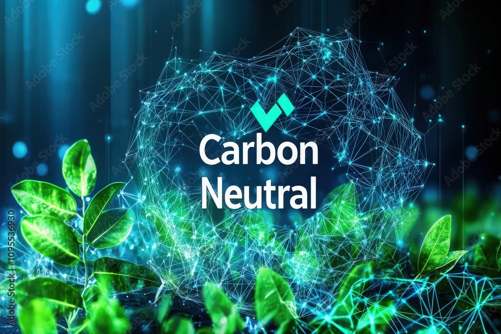 Digital artwork illustrates the concept of carbon neutrality, featuring interconnected lines forming a heart shape, surrounded by vibrant green leaves symbolizing nature and sustainability.