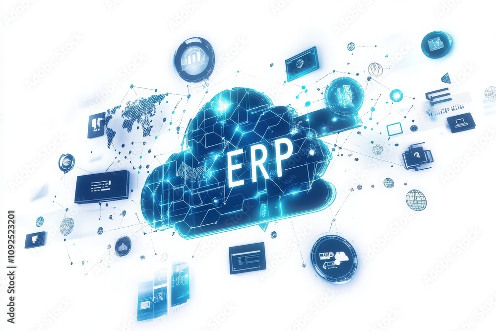 Digital graphics illustrate cloud computing and enterprise resource planning concepts, featuring interconnected icons and data exchange. This modern design emphasizes technological innovation.