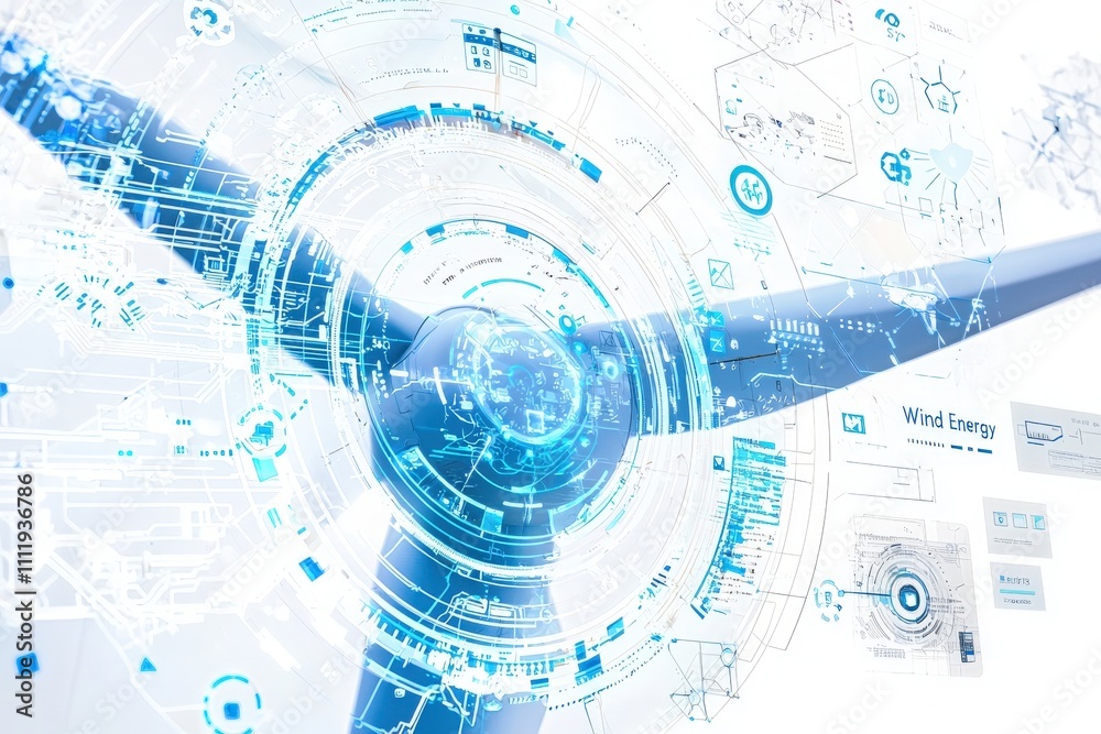 Digital representation showcases a wind turbine integrated with futuristic technology. The visual emphasizes the importance of wind energy in sustainable practices and modern engineering.