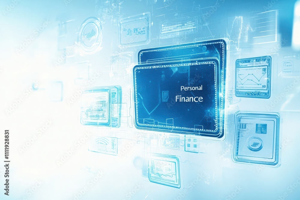 Digital tools and interfaces represent personal finance management, highlighting various financial data and options. The backdrop features a blue, futuristic aesthetic, emphasizing technologys role.