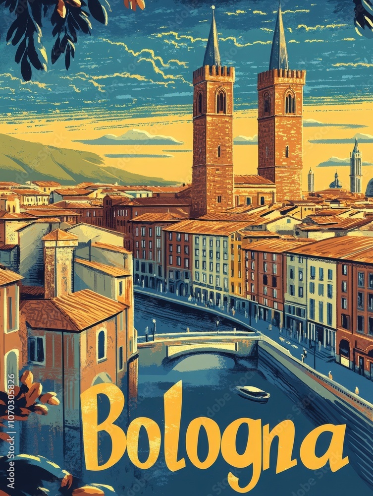 Discover Bolognas rich history and stunning architecture, featuring the famous twin towers and serene canals. This vintage travel poster captures the essence of the citys charm and allure.