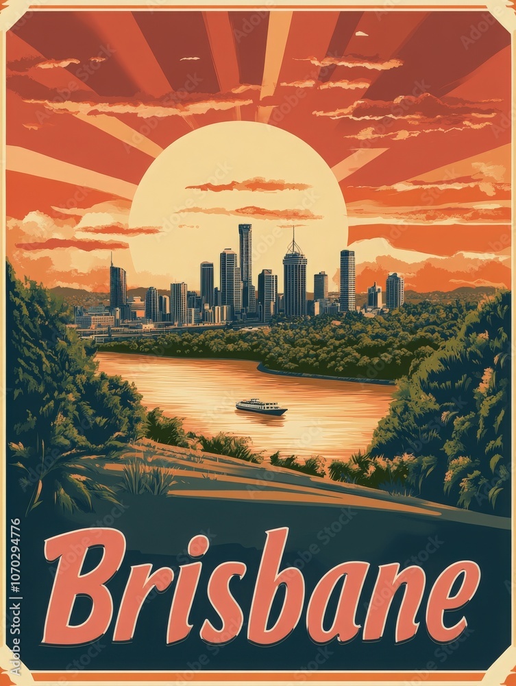 Discover the allure of Brisbane as the sun sets over the skyline, casting warm hues across the river. This retro travel poster captures the essence of a lively city perfect for exploration.