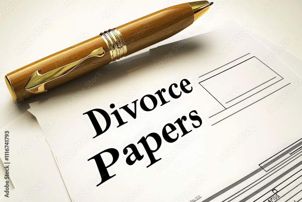 Divorce papers are laid out on a clean surface alongside a stylish pen, indicating a formal process. The atmosphere suggests a serious moment in a personal legal matter.