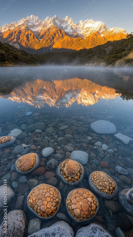 Early morning light casts a golden glow on snow-capped mountains, mirrored in a serene lake while textured rocks emerge from the waters surface, enhancing the calm landscape.