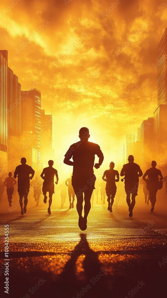 Early morning runners race through a bustling city street, illuminated by the warm glow of dawn. The vibrant sky enhances the energy of the marathon atmosphere, filled with determination.