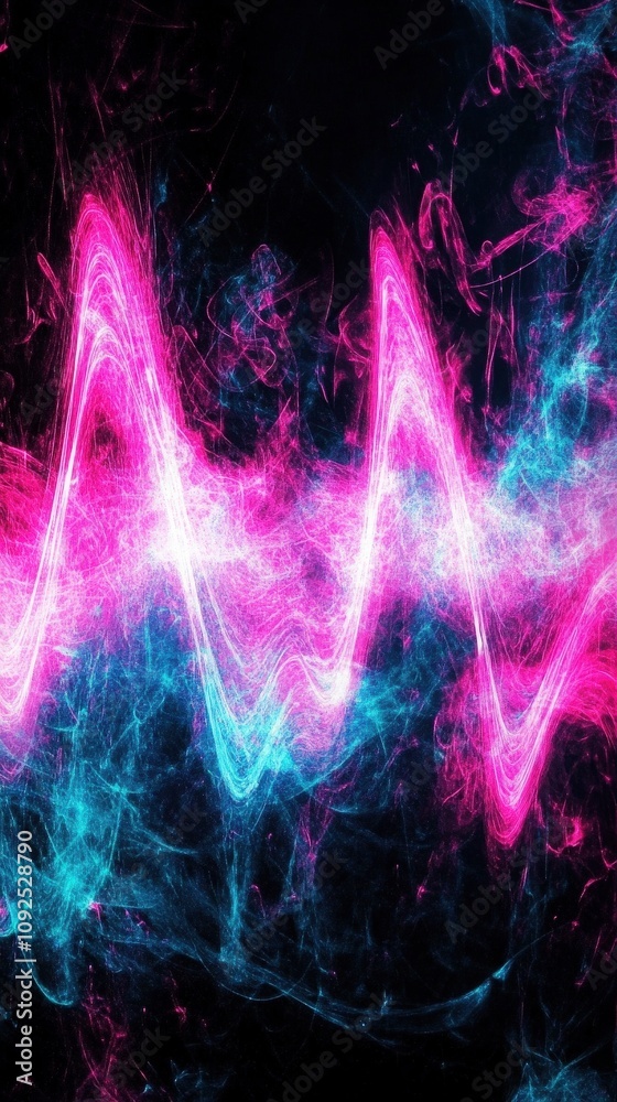 Engaging shapes of sound waves fluctuate in bright pink and blue colors, creating a stunning visual effect against a black background, capturing the essence of music and rhythm.