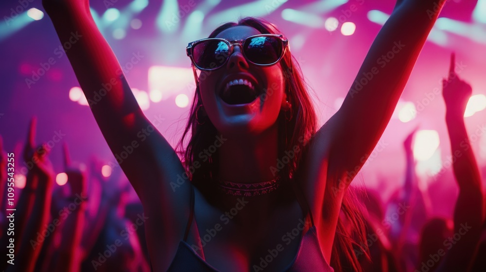 Enthusiastic festivalgoers dance joyously under colorful lights at an outdoor music festival. The lively atmosphere captures the spirit of celebration and connection among attendees.