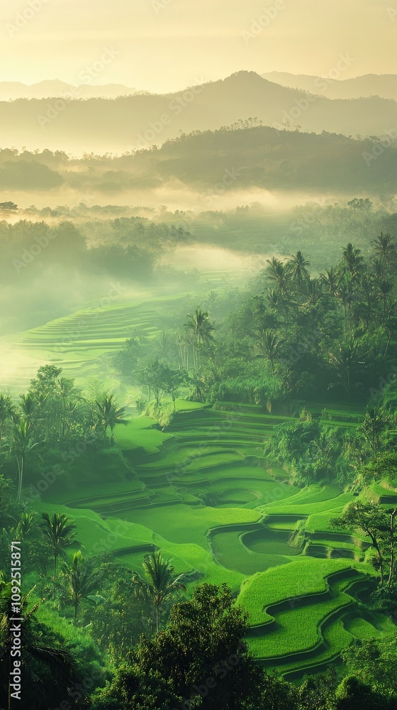 Expansive rice terraces are bathed in morning light, surrounded by lush greenery and mist. This landscape highlights the beauty of traditional farming practices in Bali.