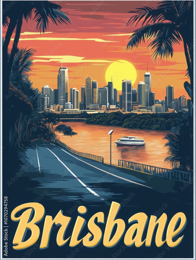 Experience the allure of Brisbane as the sun sets behind the city skyline, casting warm hues over the river. The peaceful riverside road invites travelers to explore the urban landscape.