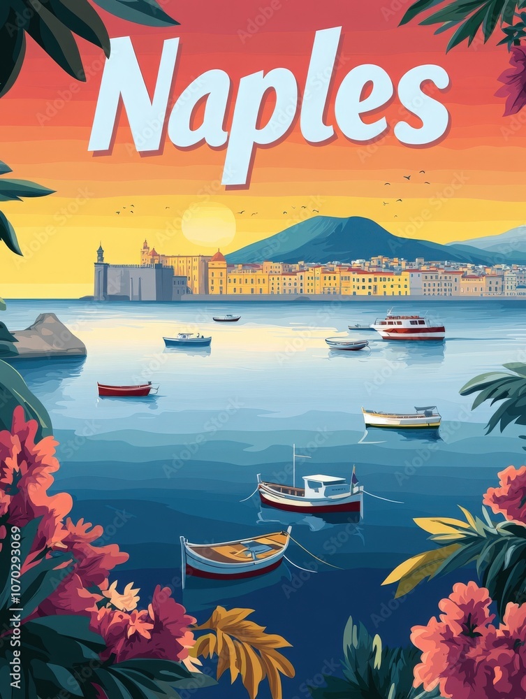 Experience the charm of Naples as the sun sets over the harbor, illuminating the colorful boats and scenic coastline. This travel poster captures the allure of this iconic Italian destination.