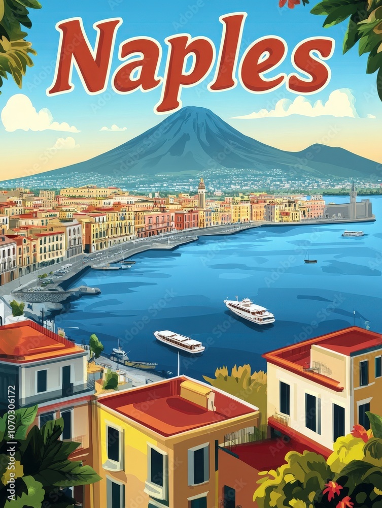 Experience the charm of Naples, showcasing its colorful waterfront, picturesque buildings, and the majestic Mount Vesuvius rising above the serene bay, capturing the essence of Italian seaside life.