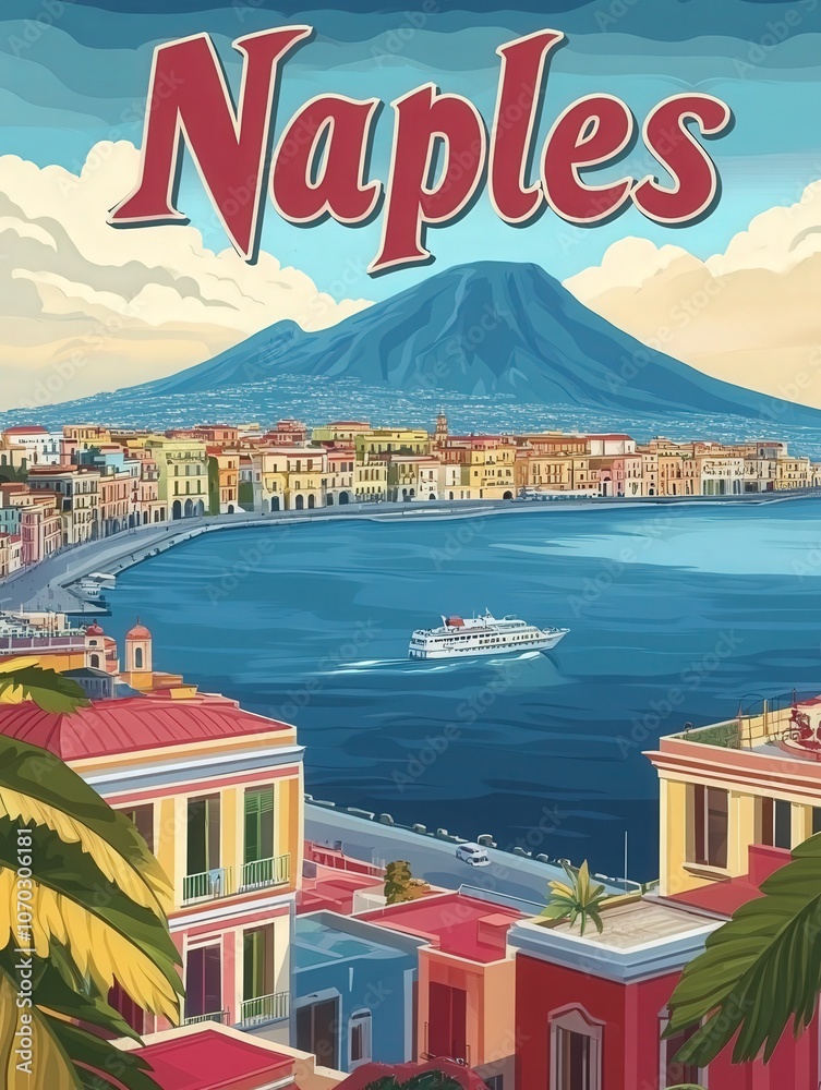 Experience the charm of Naples with vibrant buildings lining the coast against the backdrop of a majestic volcano. A serene boat floats on the sparkling blue waters, inviting exploration.