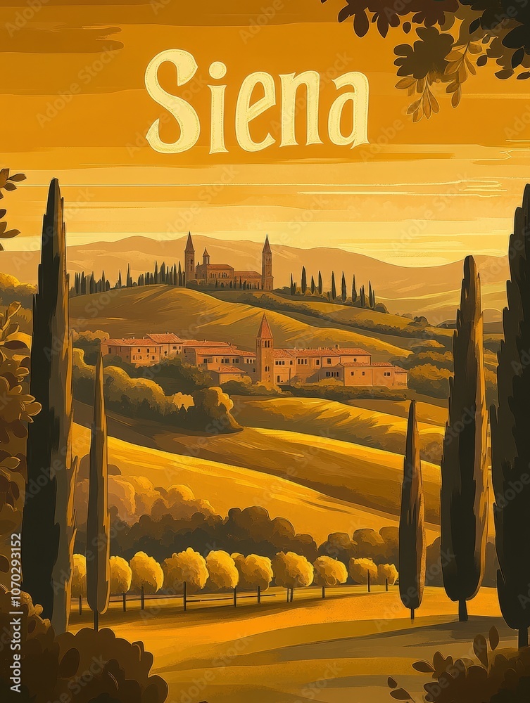 Experience the charm of Siena through rolling hills adorned with cypress trees, historic buildings, and golden hues that capture the essence of this captivating Italian city.