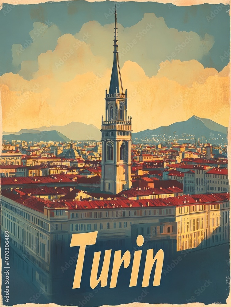 Experience the charm of Turin through this vintage travel poster, highlighting the citys stunning skyline and unique architecture under a vibrant sky. A perfect reminder of this Italian gem.
