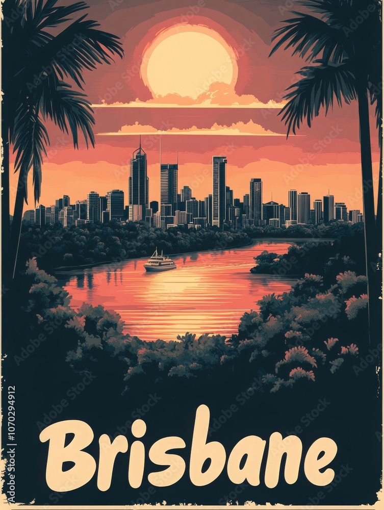 Experience the enchanting Brisbane skyline bathed in sunset hues, with a river showcasing a boat sailing amidst lush palms. A nostalgic invitation to discover the citys beauty.