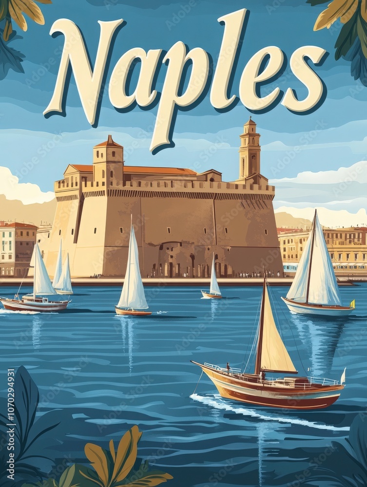 Experience the essence of Naples with a retro travel poster showcasing sailing boats gliding in the coastal waters. The historic castle stands majestically against the serene backdrop of the sea.