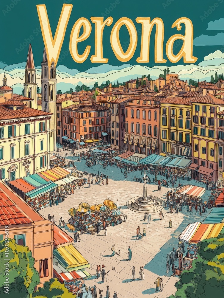 Explore Veronas vibrant market square, bustling with vendors and visitors, surrounded by stunning historic architecture underneath a clear sky?truly capturing the essence of Italian culture.